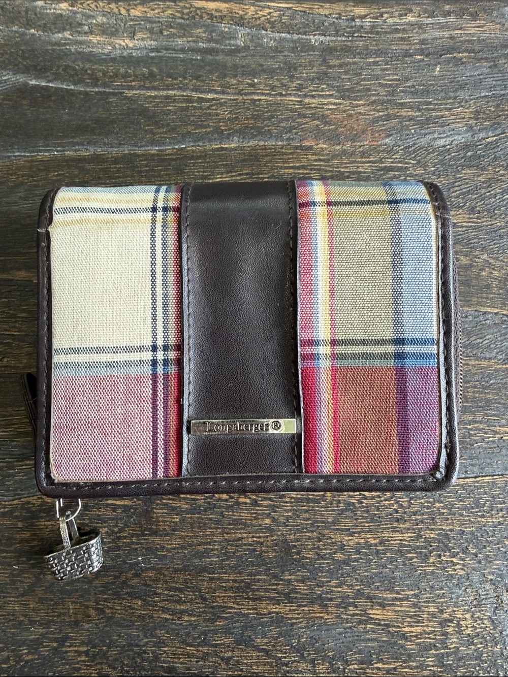 Longaberger Plaid Canvas and Brown Leather Zip Card Holder